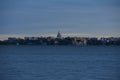 Downtown Madison and state capitol from governor Nelson state park over lake Mendota at dusk