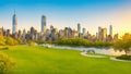 Downtown Manhattan with the little island public park in New York City at sunrise.