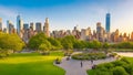 Downtown Manhattan with the little island public park in New York City at sunrise.