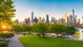 Downtown Manhattan with the little island public park in New York City at sunrise.