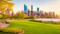 Downtown Manhattan with the little island public park in New York City at sunrise. Royalty Free Stock Photo