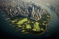 Downtown manhattan in new york city is a huge golf course, aerial view, illustration generative ai