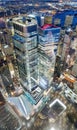 Downtown Manhattan tall skyscrapers, downward view at night, city lights reflections, New York Royalty Free Stock Photo