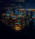 Downtown miami brickell key city skyline at night from a drone Royalty Free Stock Photo
