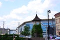 Downtown Milwaukee street view with Mader`s clock tower Royalty Free Stock Photo