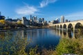 Downtown Minneapolis, Minnesota as seen from the famous stone arch bridge Royalty Free Stock Photo