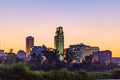 Downtown Omaha at dusk, sunset, FNBO and World Herald and Woodmen life buildings Royalty Free Stock Photo