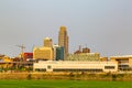 Downtown Omaha Nebraska USA at sunrise on a clear sky morning.