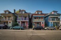 Downtown Portland, Oregon, USA - August 3, 2018: Four houses with unique paint in downtown Portland