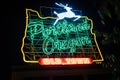 Downtown Portland, Oregon, USA - August 22, 2018: Portland`s White Stag Neon Sign