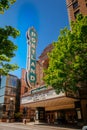 Downtown Portland, Oregon, USA - July 24, 2019: Arlene Schnitzer Concert Hall with wonderful street sign Portland