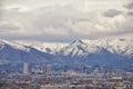 Downtown Salt Lake City Panoramic view of Wasatch Front Rocky Mountains from airplane in early spring winter with melting snow and Royalty Free Stock Photo