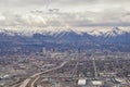 Downtown Salt Lake City Panoramic view of Wasatch Front Rocky Mountains from airplane in early spring winter with melting snow and Royalty Free Stock Photo