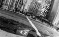 Downtown san francisco in black and white looking in a pond of r Royalty Free Stock Photo