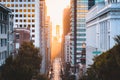 Downtown San Francisco with California Street at sunrise, San Francisco, California, USA Royalty Free Stock Photo