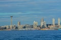 The downtown Seattle waterfront and skyline on Elliott Bay in King County, Washington Royalty Free Stock Photo