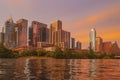 Downtown Skyline of Austin, Texas in USA. Austin Sunset on the Colorado River. Night sunset city. Reflection in water. Royalty Free Stock Photo