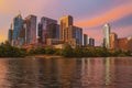 Downtown Skyline of Austin, Texas in USA. Austin Sunset on the Colorado River. Night sunset city. Reflection in water. Royalty Free Stock Photo