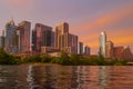 Downtown Skyline of Austin, Texas in USA. Austin Sunset on the Colorado River. Night sunset city. Reflection in water. Royalty Free Stock Photo
