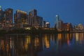 Downtown Skyline of Austin, Texas in USA from view at sunset. Reflection in water. Royalty Free Stock Photo