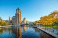 Downtown skyline with Buildings along the Milwaukee River Royalty Free Stock Photo