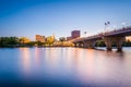 The downtown skyline and Founder's Bridge at sunset, in Hartford Royalty Free Stock Photo