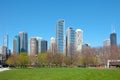 Downtown skyline, lake shore and Jane Addams Memorial Park in Chicago