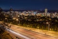 Downtown skyline and light trails from cars at night in Hamilton, Ontario Royalty Free Stock Photo