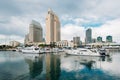 The downtown skyline and a marina at the Embarcadero in San Diego, California Royalty Free Stock Photo