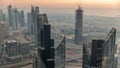 Downtown skyline with modern architecture form above . Aerial view of Dubai business bay towers. Royalty Free Stock Photo