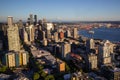 Downtown skyline and Mount Rainier during summer sunset. View from Seattle needle. Royalty Free Stock Photo