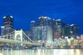 Downtown skyline and Roberto Clemente Bridge over Allegheny River, Pittsburgh. Royalty Free Stock Photo