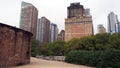 Downtown skyline, view from the Battery Park at the corner of the Castle Clinton, New York, NY Royalty Free Stock Photo