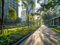 Downtown smart city street lined with phyto-remediation gardens, illustrating solutions for cleaner air and urban beautification