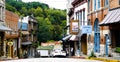 Downtown streets of historic Eureka Springs, Arkansas wind up and down the Ozark mountainside