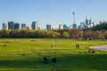 Downtown Toronto, cityscape skyline view Riverdale park east. People walking in the park