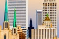 Downtown Tulsa over the rooftops - closeup with many different styles of buildings against intense blue sky-illustration