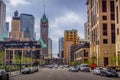 The downtown of US city of Minneapolis, Minnesota, on a cloudy bright day. Royalty Free Stock Photo