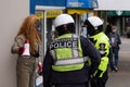 DOWNTOWN VANCOUVER, BC, CANADA - APR 26, 2020: Antifa member being detained by police at a anti lockdown protest.