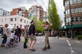 DOWNTOWN VANCOUVER, BC, CANADA - APR 26, 2020: An antifa member disrupts an anti lockdown protest march.