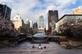 DOWNTOWN VANCOUVER, BC, CANADA - APR 01, 2020: A group of friends gather while trying to maintain physical distancing amid the