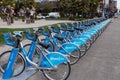 DOWNTOWN VANCOUVER, BC, CANADA - APR 26, 2020: Mobi shared bikes sit unused in English Bay due to the stay at home