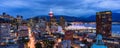 Downtown Vancouver City at night after sunset. Aerial Panorama. Royalty Free Stock Photo