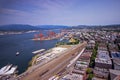 Downtown Vancouver and Harbor in British Columbia showing train lines