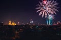 Downtown Varna cityscape with many flashing fireworks celebratin Royalty Free Stock Photo