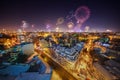 Downtown Varna cityscape with many flashing fireworks celebratin Royalty Free Stock Photo