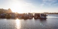 Homes on the water at a Floating Pier in Fisherman's Wharf Park Royalty Free Stock Photo