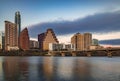 Downtown view across Lady Bird Lake or Town Lake on Colorado River at sunset golden hour in Austin, Texas, USA Royalty Free Stock Photo