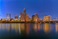 Downtown view across Lady Bird Lake or Town Lake on Colorado River at sunset golden hour in Austin, Texas, USA Royalty Free Stock Photo