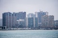 downtown windsor canada city skyline across river in spring winter storm